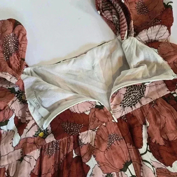 Ann Taylor Loft Coral Large Floral Poppy Square Neck Puff Sleeve Dress 4 - Picture 13 of 15